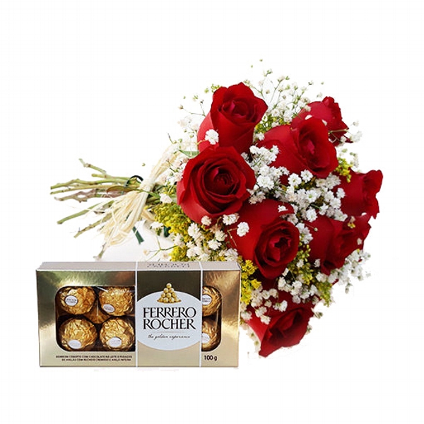Buque de rosas vermelhas com caixa dourada de bombons