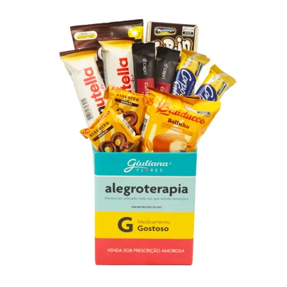 Caixa turquesa com chocolates e snacks variados